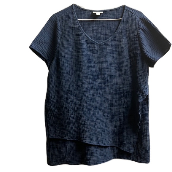 PureJill, 100% Cotton, Cap Sleeves, Wrap Front, Scoop Neck Top, Lapis Blue, M - Picture 1 of 7